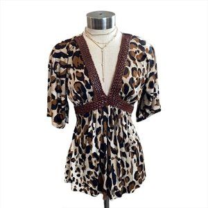 SKY Brand Leopard Print Silk V Neck with Leather Detail Top Blouse Size XS